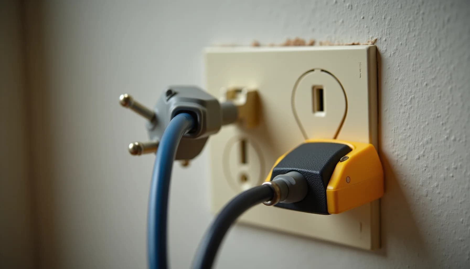 Cream-colored electrical outlets mounted on a white wall with a blue cord and black-and-yellow plug inserted into the
